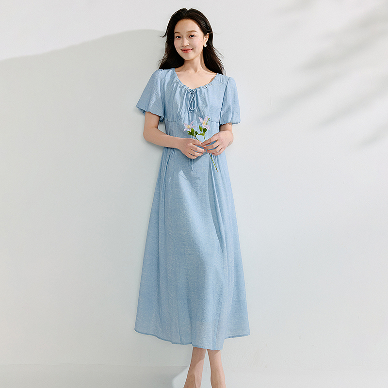 【欧若风】茵曼法式夏季温柔风系带肌理感连衣裙显瘦收腰a字长裙子