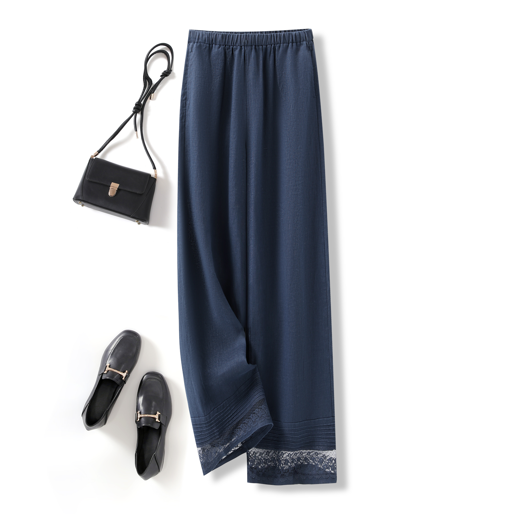 100%亚麻蓝色藏青色《天青色等烟雨》镂空蕾丝边九分裤子夏季凉快