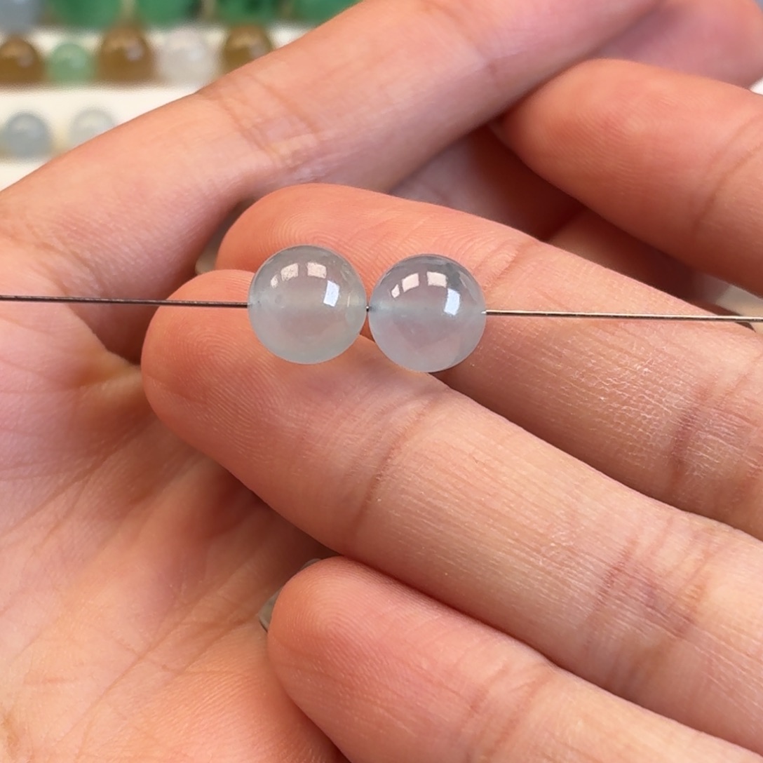 翡翠散珠冰透飘花单珠一对 卡8.2