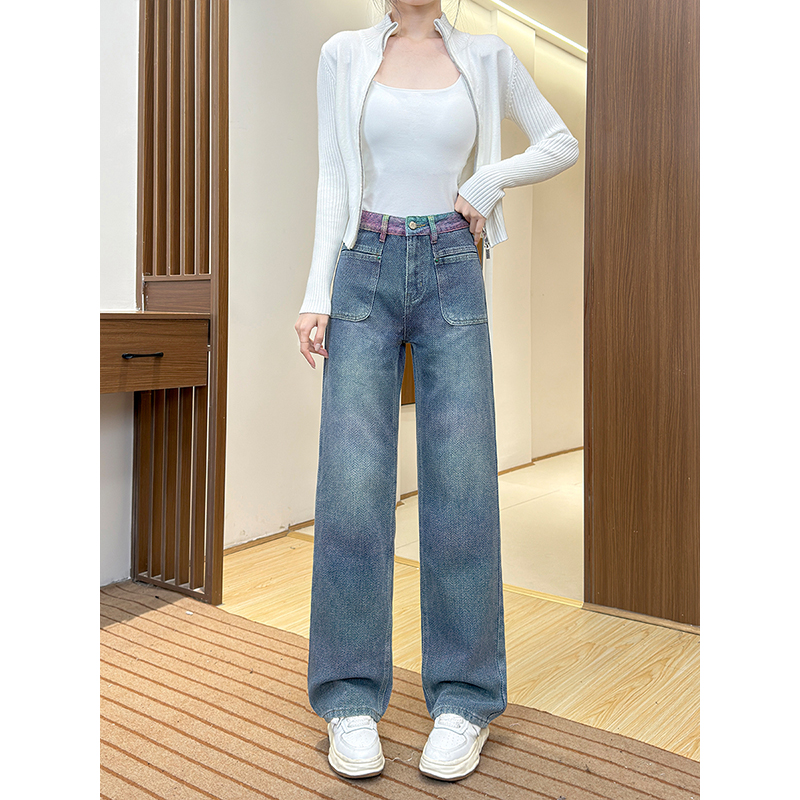 七彩牛仔裤女2025春季新款高腰宽松显瘦休闲裤时尚直筒裤子