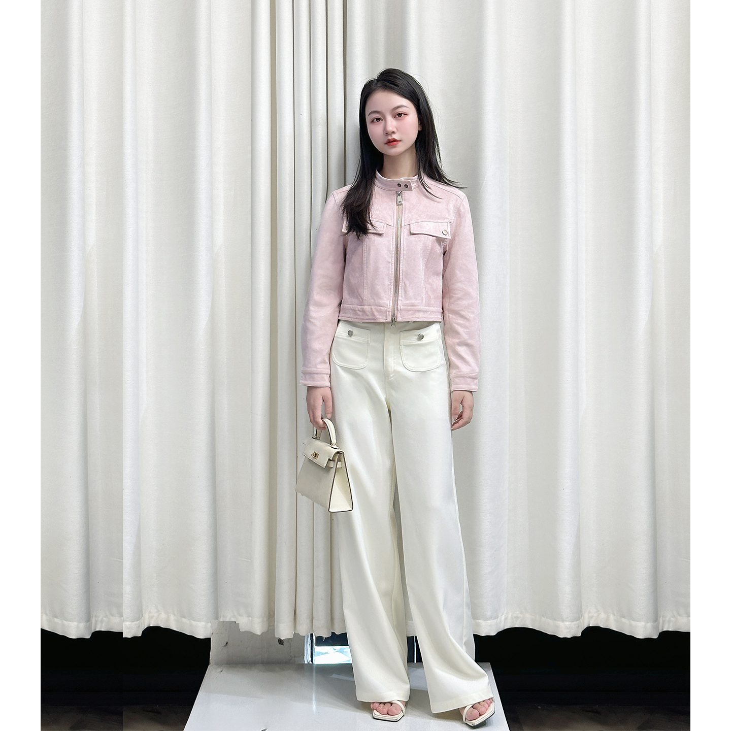 【俏皮少女】小个子定制秋季粉短夹克外套百搭时尚高腰休闲裤女
