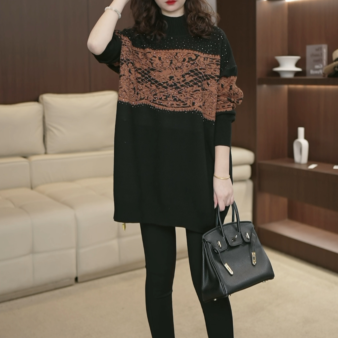 时尚洋气高领中长款毛衣女加厚保暖宽松上档次小众气质针织衫3786