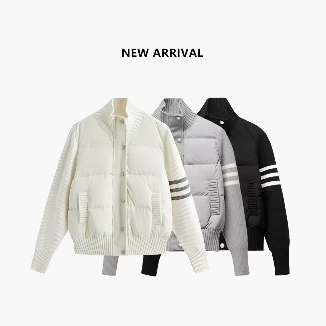 1203新国标90白鸭绒秋冬休闲时尚针织拼接小众立领羽绒服