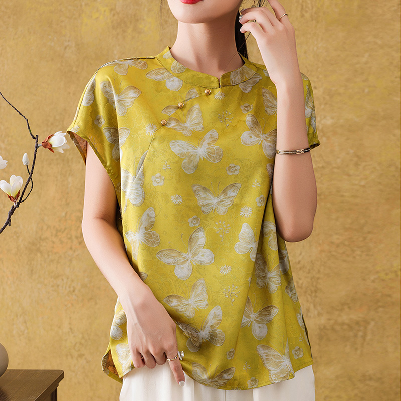 25款夏季新款飞飞袖圆领新中式宽松夏季短袖提花中国风Q