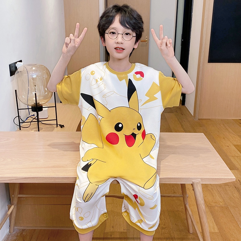 儿童纯棉睡衣男童夏季连体薄款套装中大童卡通家居服