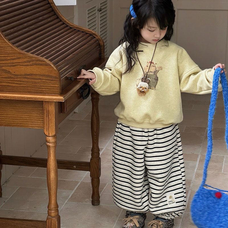 女童加绒卫衣套装2025新款秋冬季儿童卡通上衣加厚条纹卫裤两件套