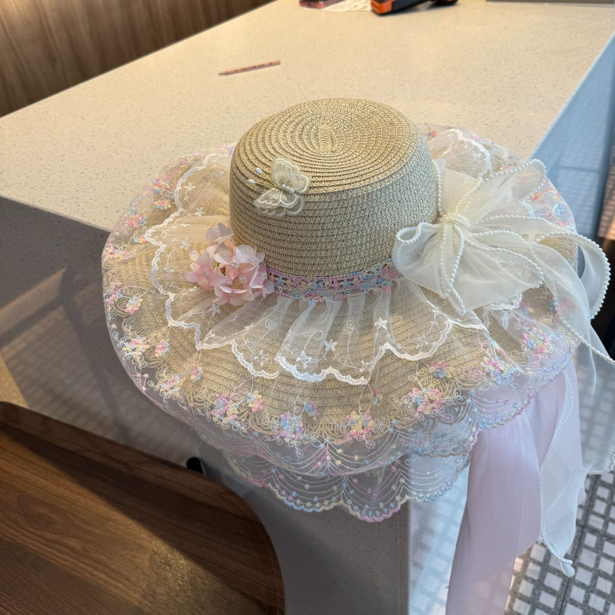 原创粉色系森系田园甜美洛丽塔日系蕾丝蝴蝶结大檐草帽遮阳帽子