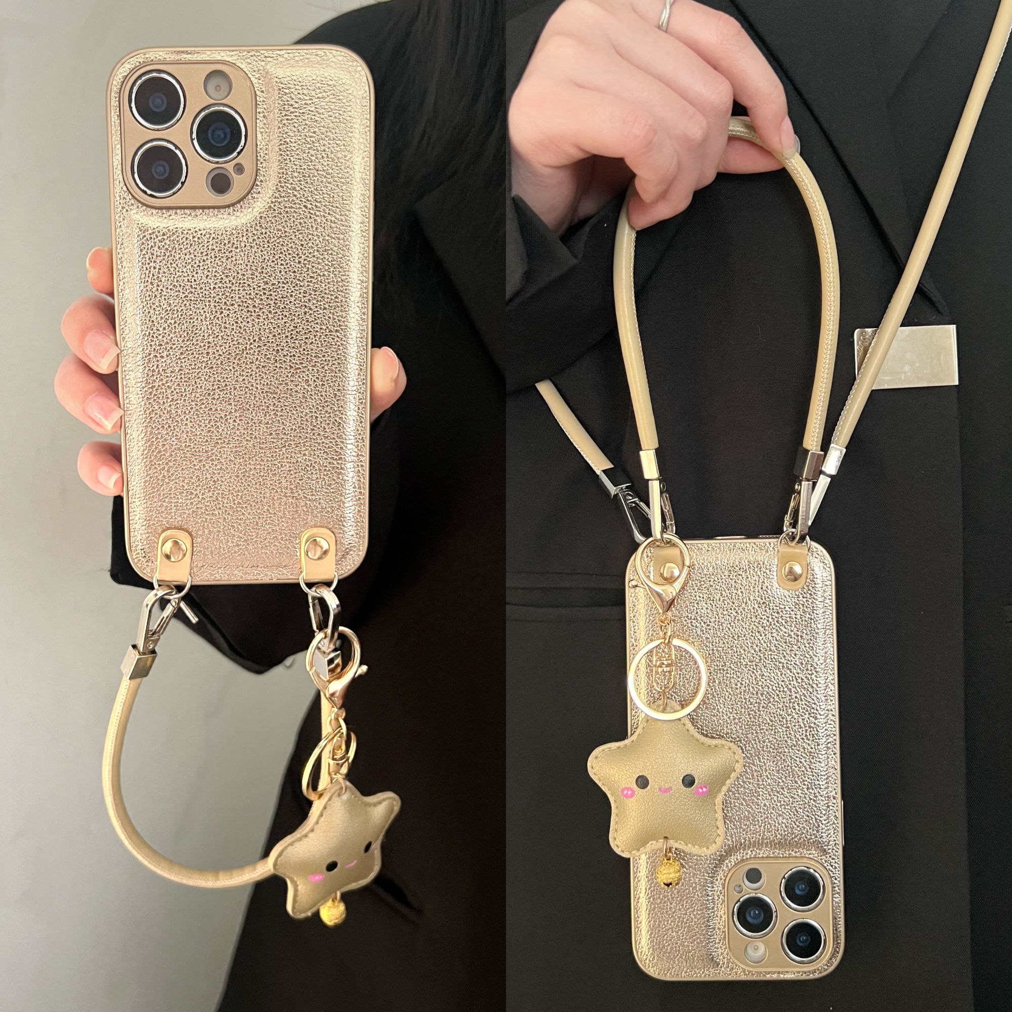 韩风金色皮纹星星手提适用iPhone16promax手机壳苹果15pro新14pro