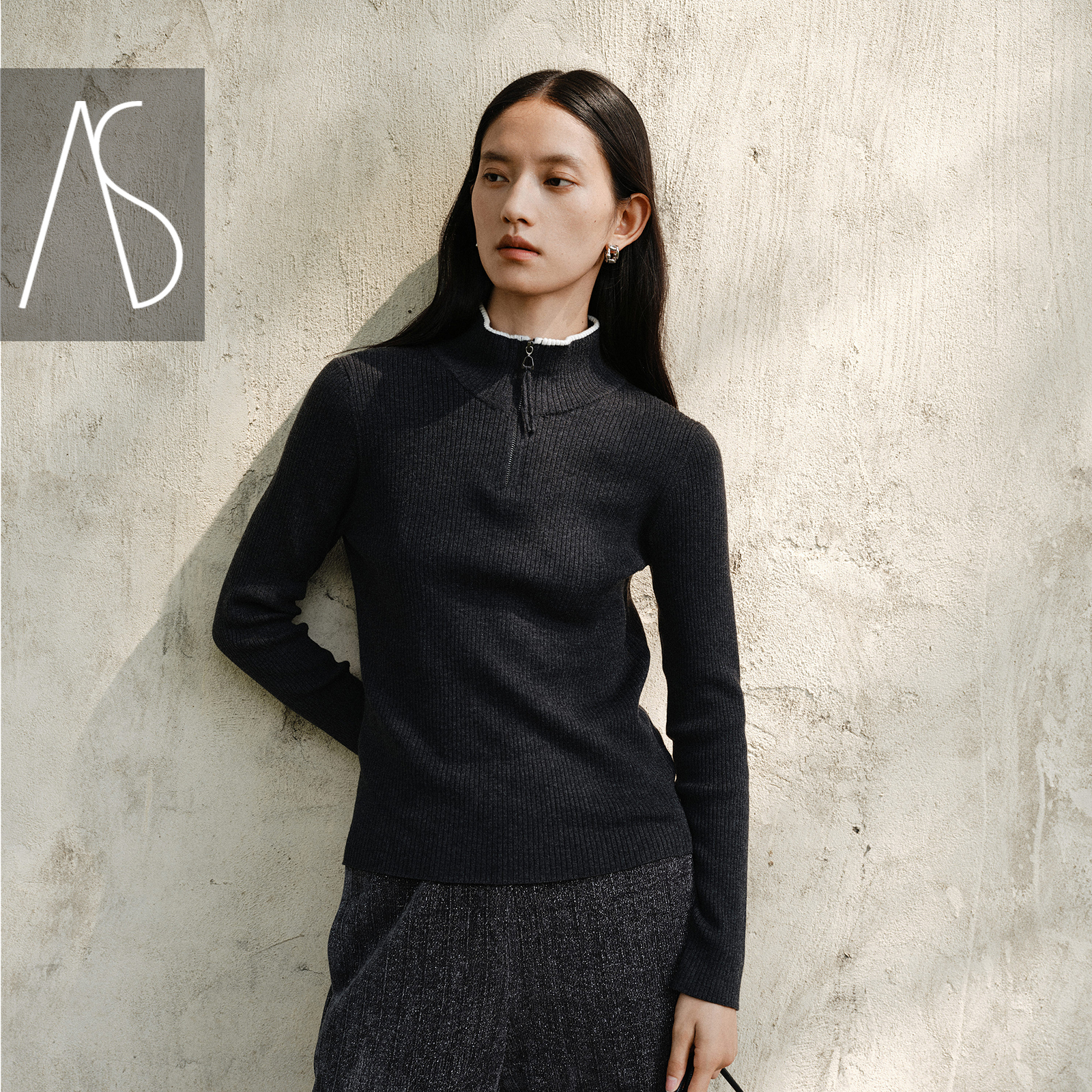 AS半拉链针织衫女25冬季新款撞色高领半开裁剪简洁层次丰富打底衫