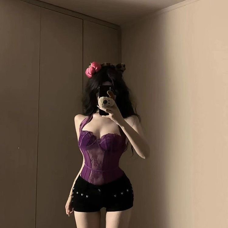 乌托邦吊带蕾丝纯欲丝绸性感纯欲风韵味紫色辣妹绑带连体衣个性蕾