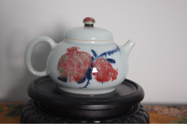 易炎窑纯手工手绘原创气窑高温原矿釉下青花釉里红色差放漏小茶壶