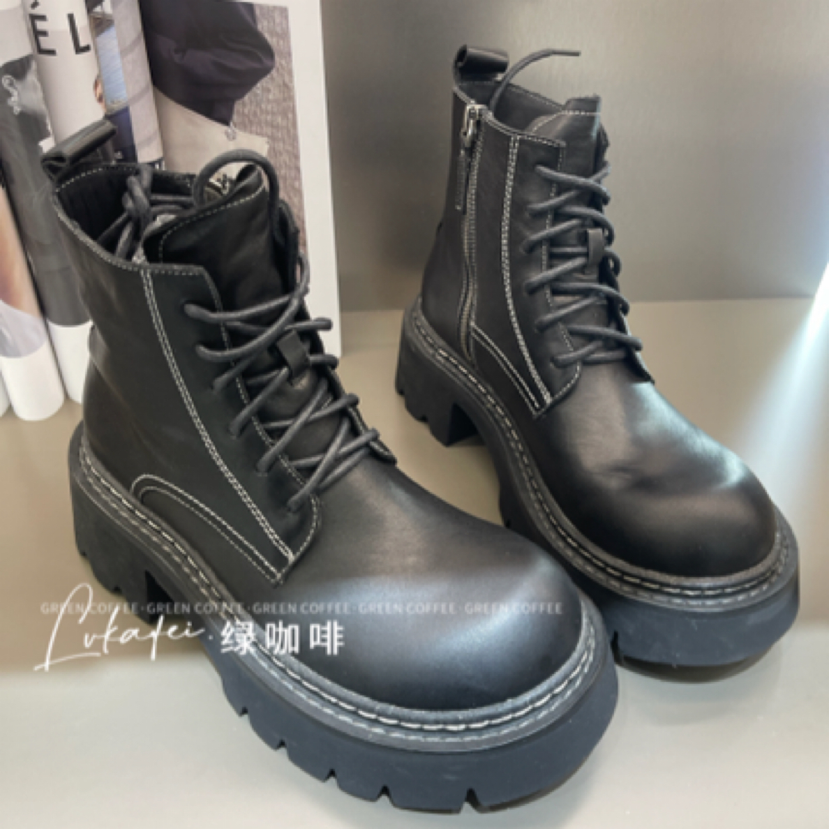 Green coffee绿咖啡/2507-9高帮英伦风厚底女系带圆头美式马丁靴