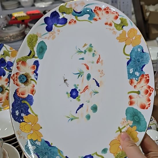 瓷片珐琅彩荷塘鱼盘一个666666