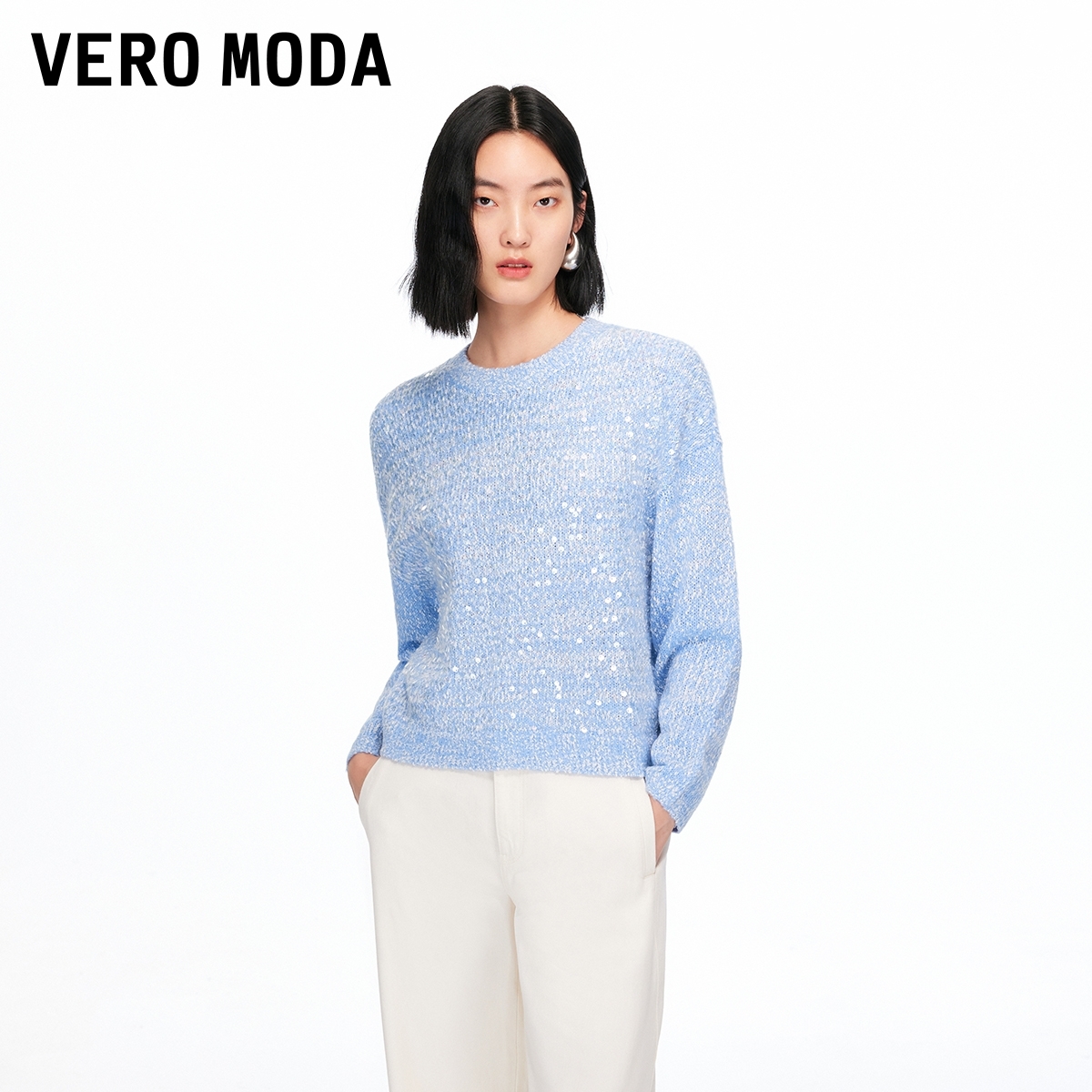 Vero Moda毛衣【初见丁香】新款圆领亮片撞色针织宽松上衣325413010