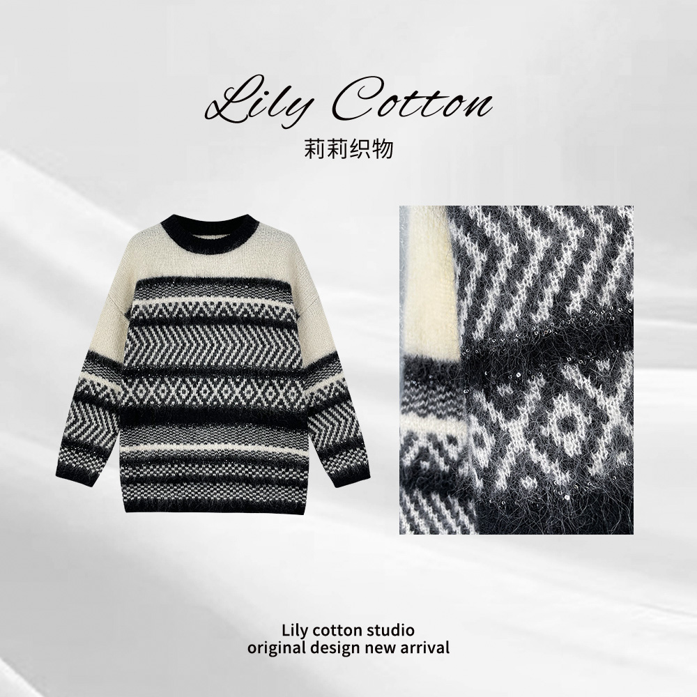 初雪糖霜 黑白撞色复古减龄软糯舒适洋气绵羊毛针织 XR-6201563