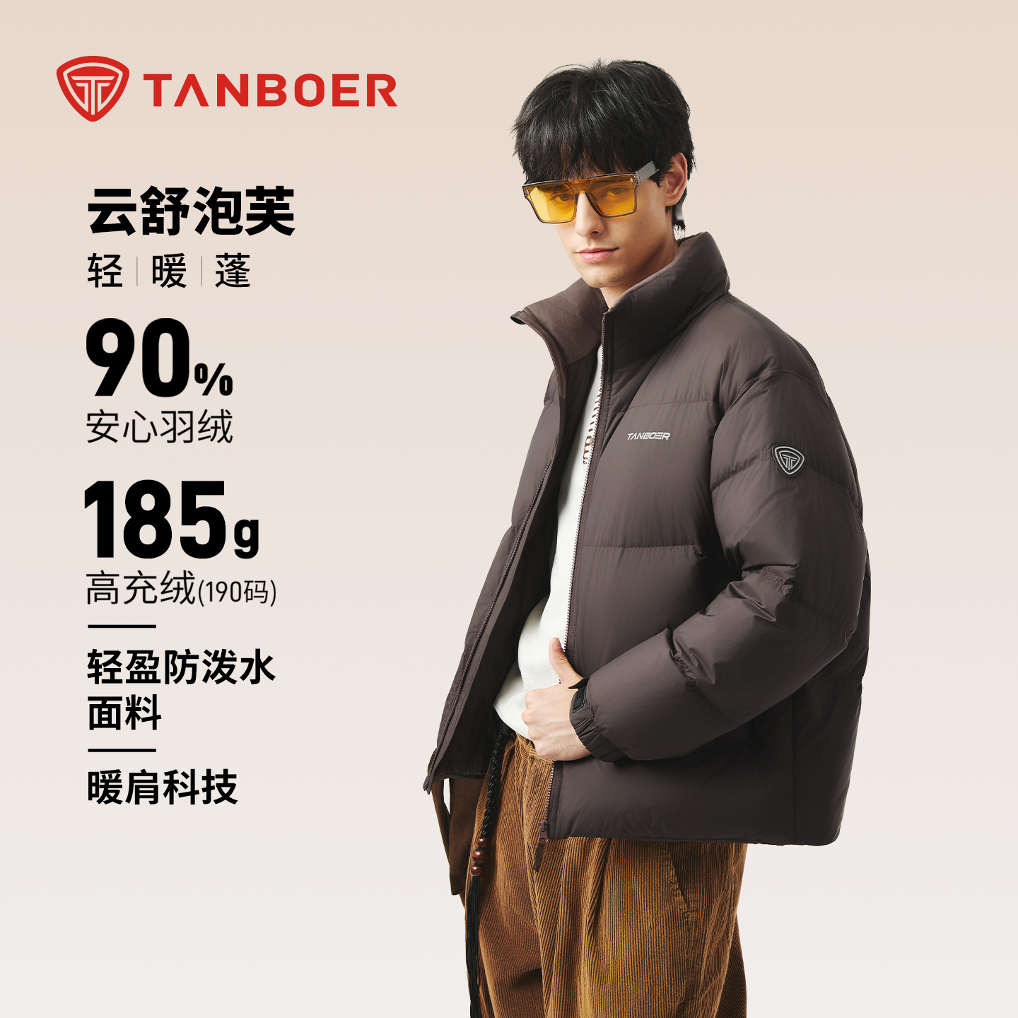 坦博尔2025年新款羽绒服男立领短款休闲百搭简约廓形保暖舒适外套