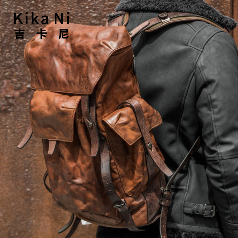 Kika Ni植鞣皮双肩包潮牌男士休闲户外登山摄影包大容量旅行背包