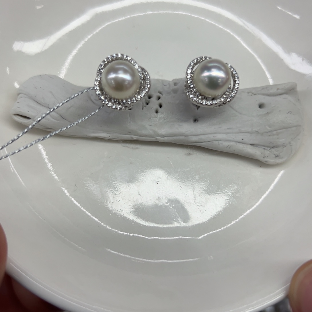 银S925镶嵌耳饰海水珍珠7-8mm海水Ak鸟巢耳钉