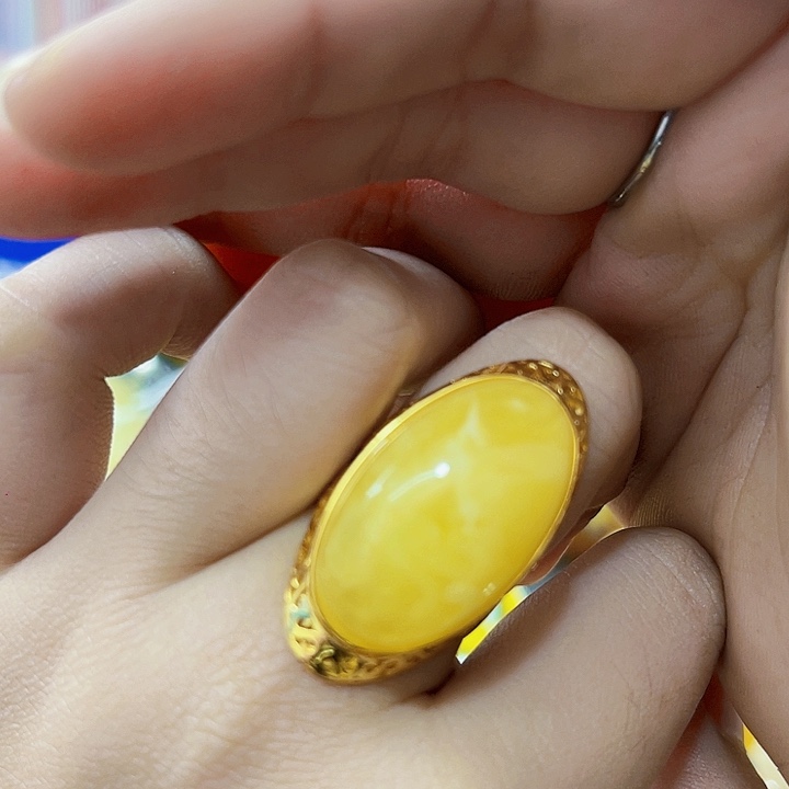 蜜蜡银S925镶嵌裸石戒指