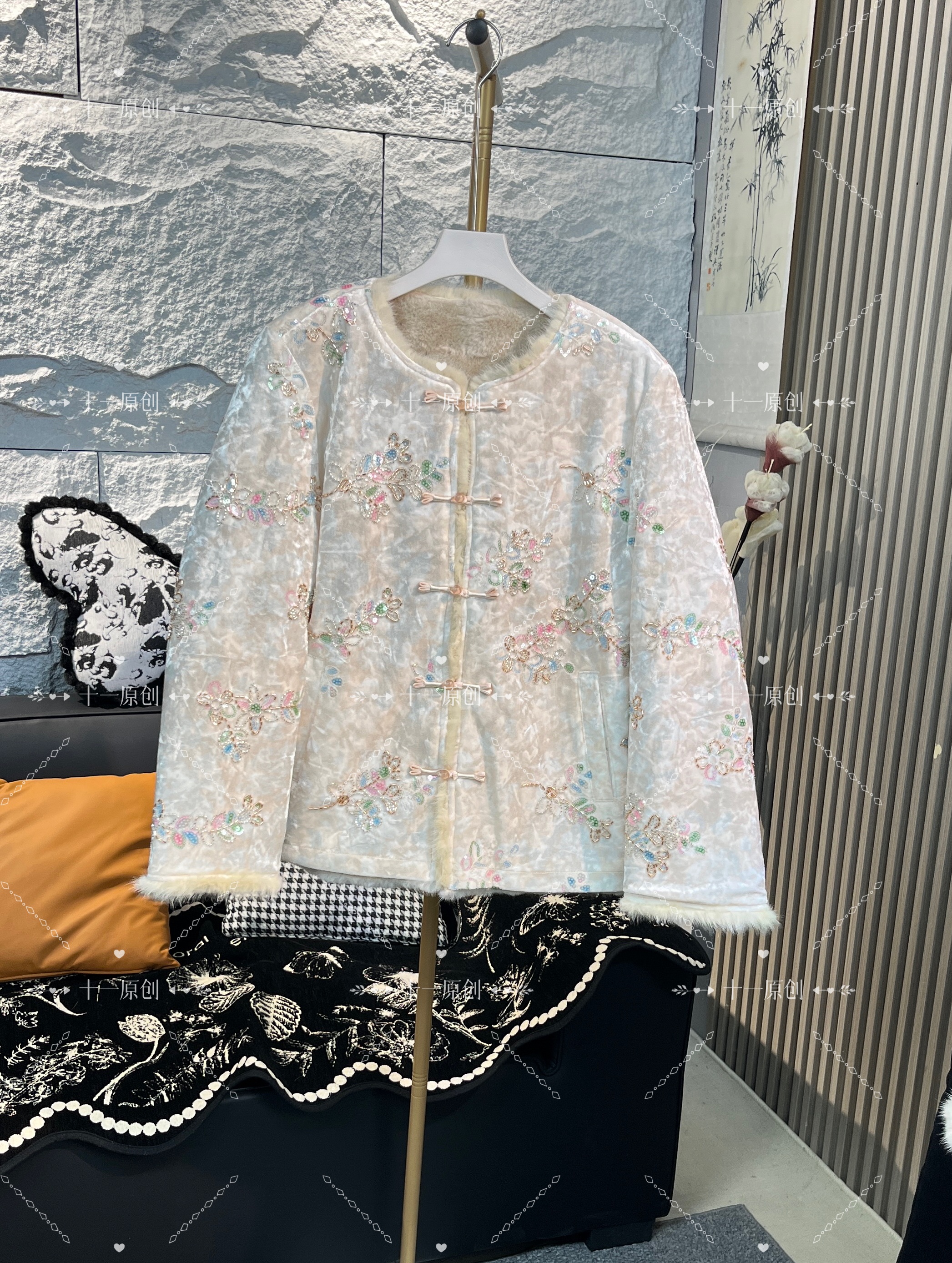 【珠翠】重工钉珠亮片国风双面双穿水貂毛厚款外套轻奢时尚中国风