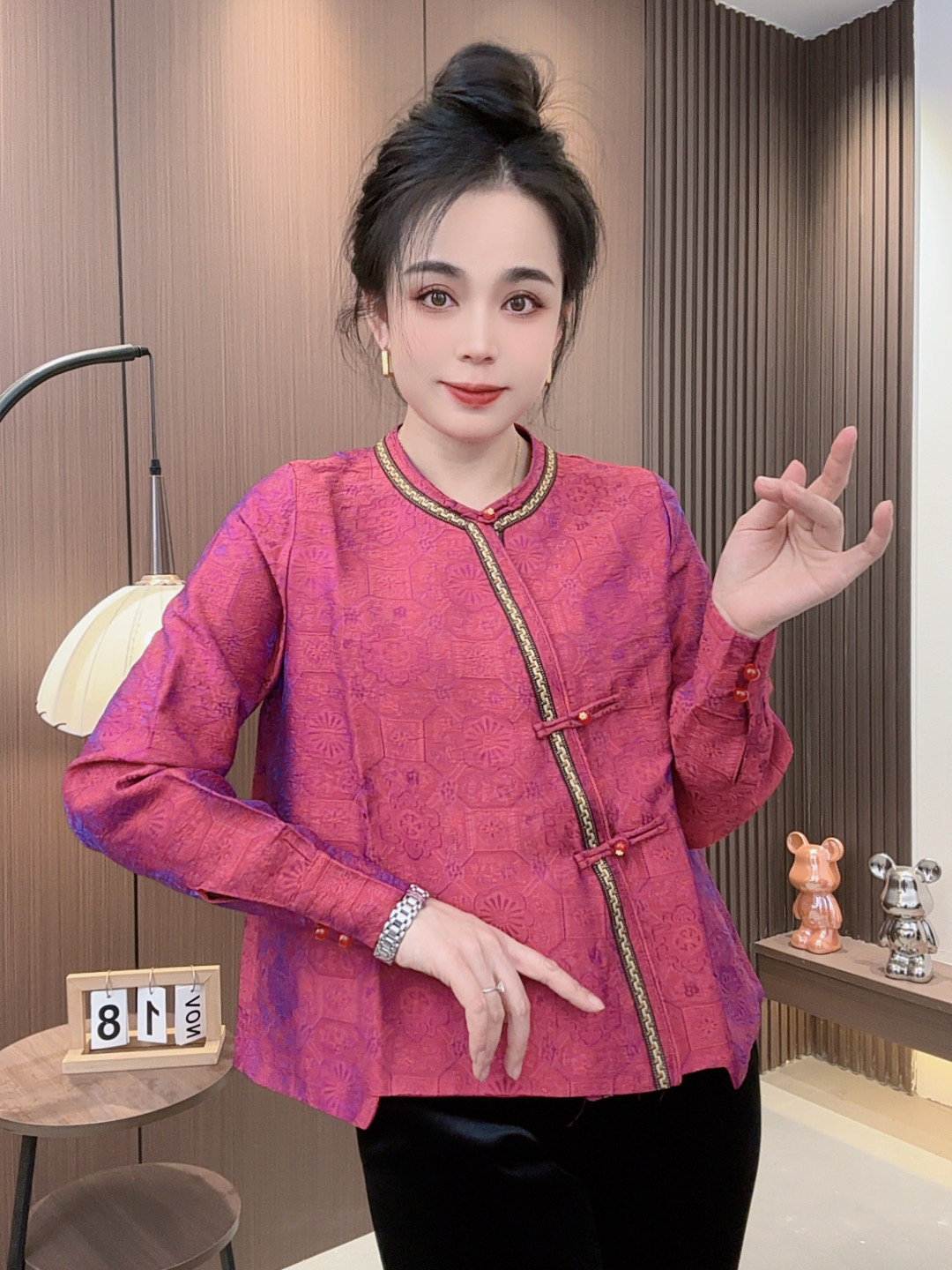 国风新中式圆领盘扣斜襟设计提花衫1266时尚复古中国风秋冬民族风