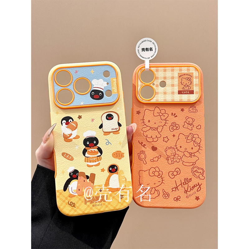 可爱卡通线条kitty厨师企鹅适用苹果17手机壳iPhone16/15/14皮质