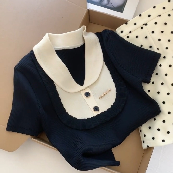 韩系设计感假两件针织短袖t恤女2025夏新款气质减龄百搭短款上衣