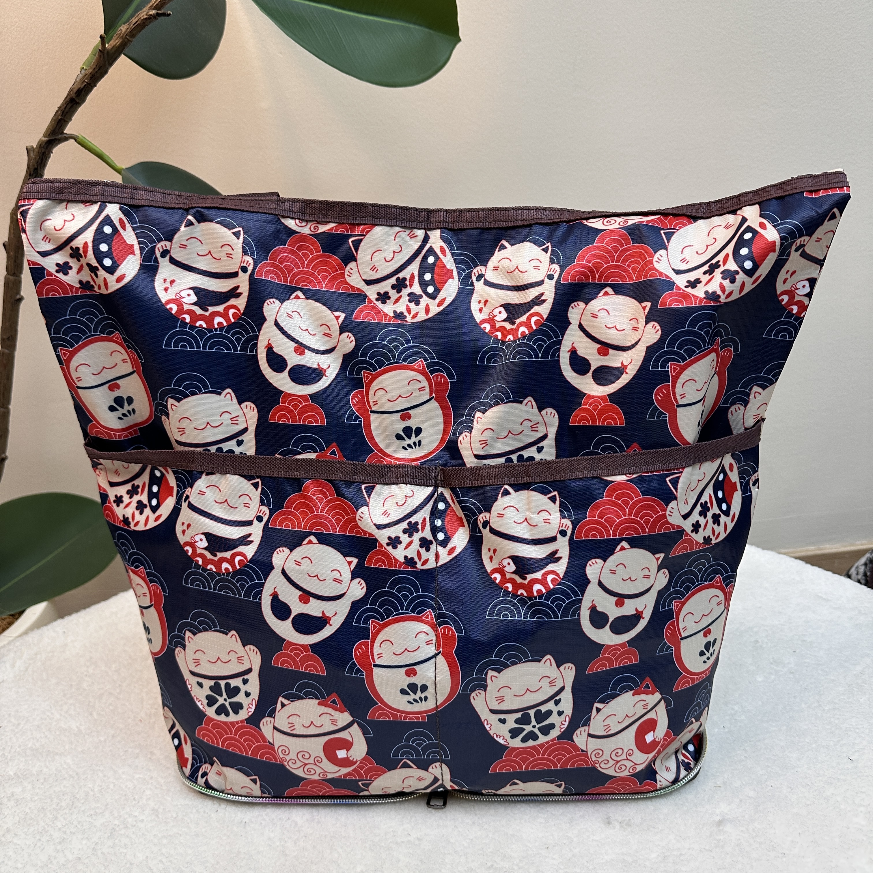 40x35cm 便携时尚折叠收纳多口袋拉链防泼水购物收纳 蓝色招财猫