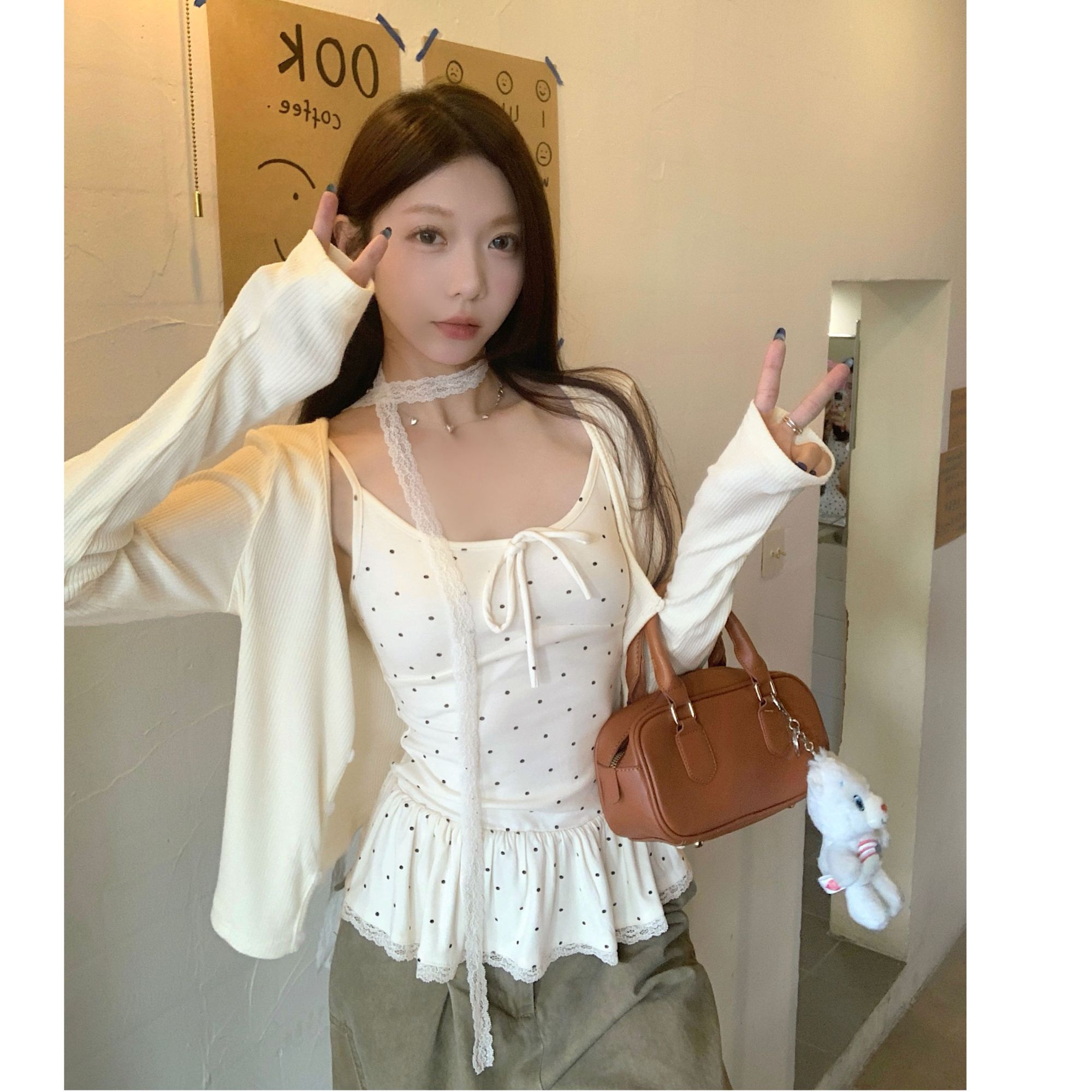 叠穿好物纯欲风波点蕾丝吊带+开衫外套两件套装女Z 9387早秋穿搭