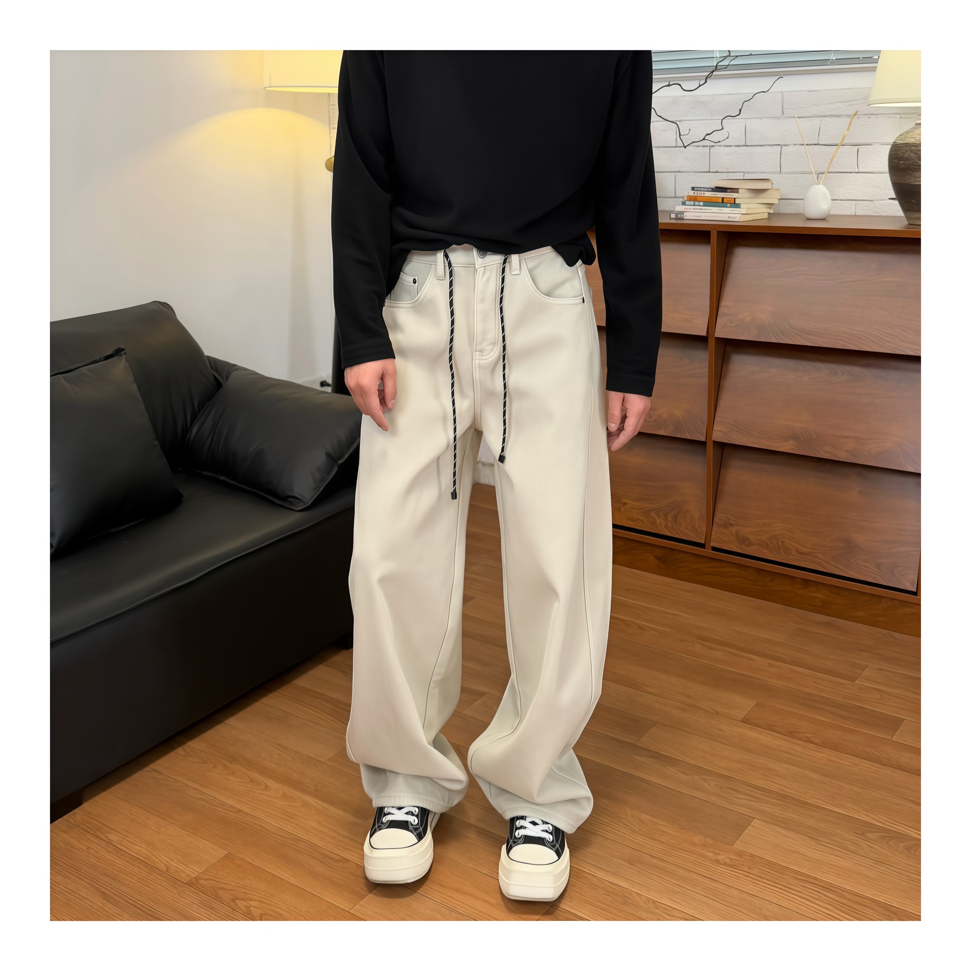 【张茂studio】冬季新款日系宽松水洗薄绒休闲百搭大直筒牛仔裤子