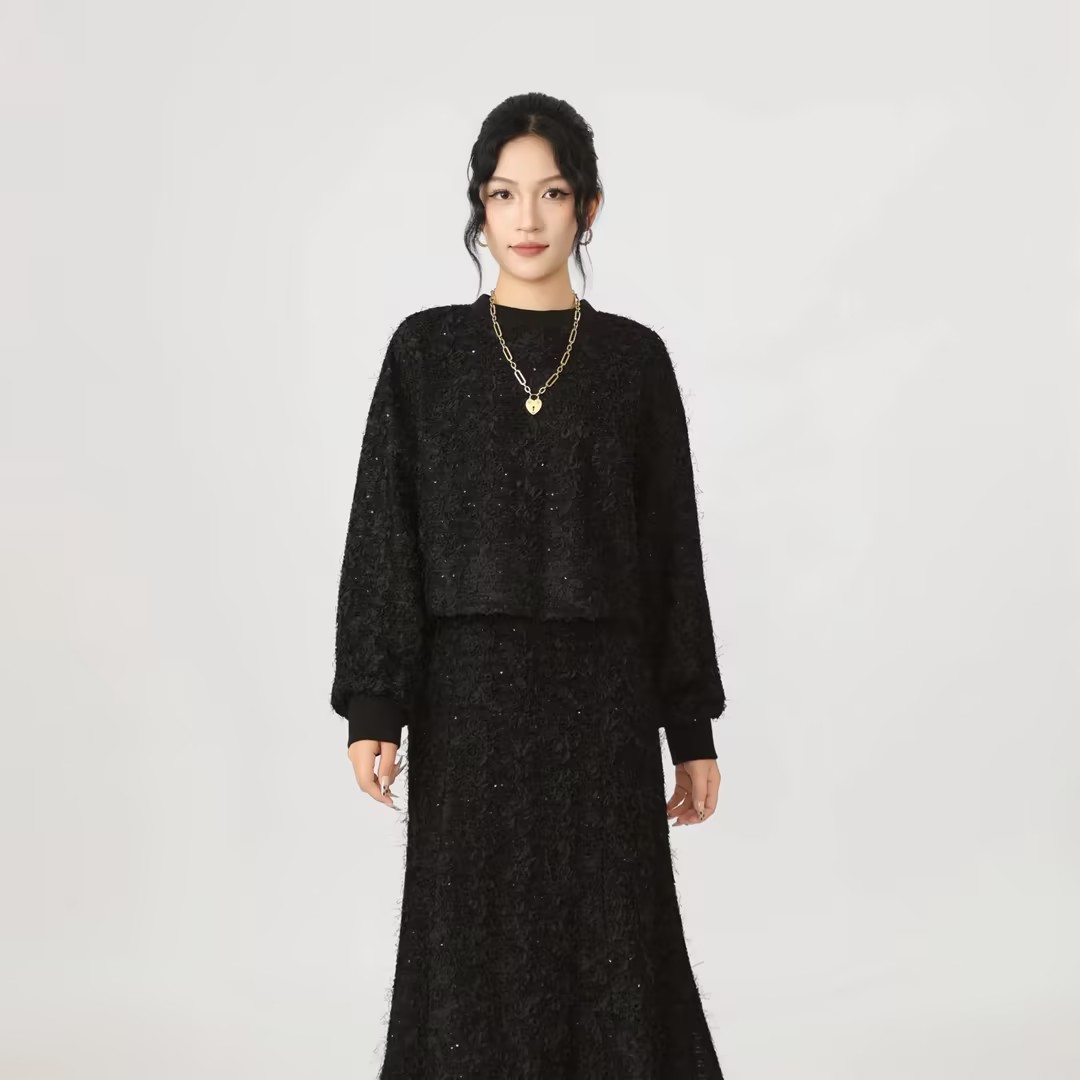 阿玛施/AMASS长袖百搭提花套头卫衣绒衫蕾丝拼接秋季秋冬5301055