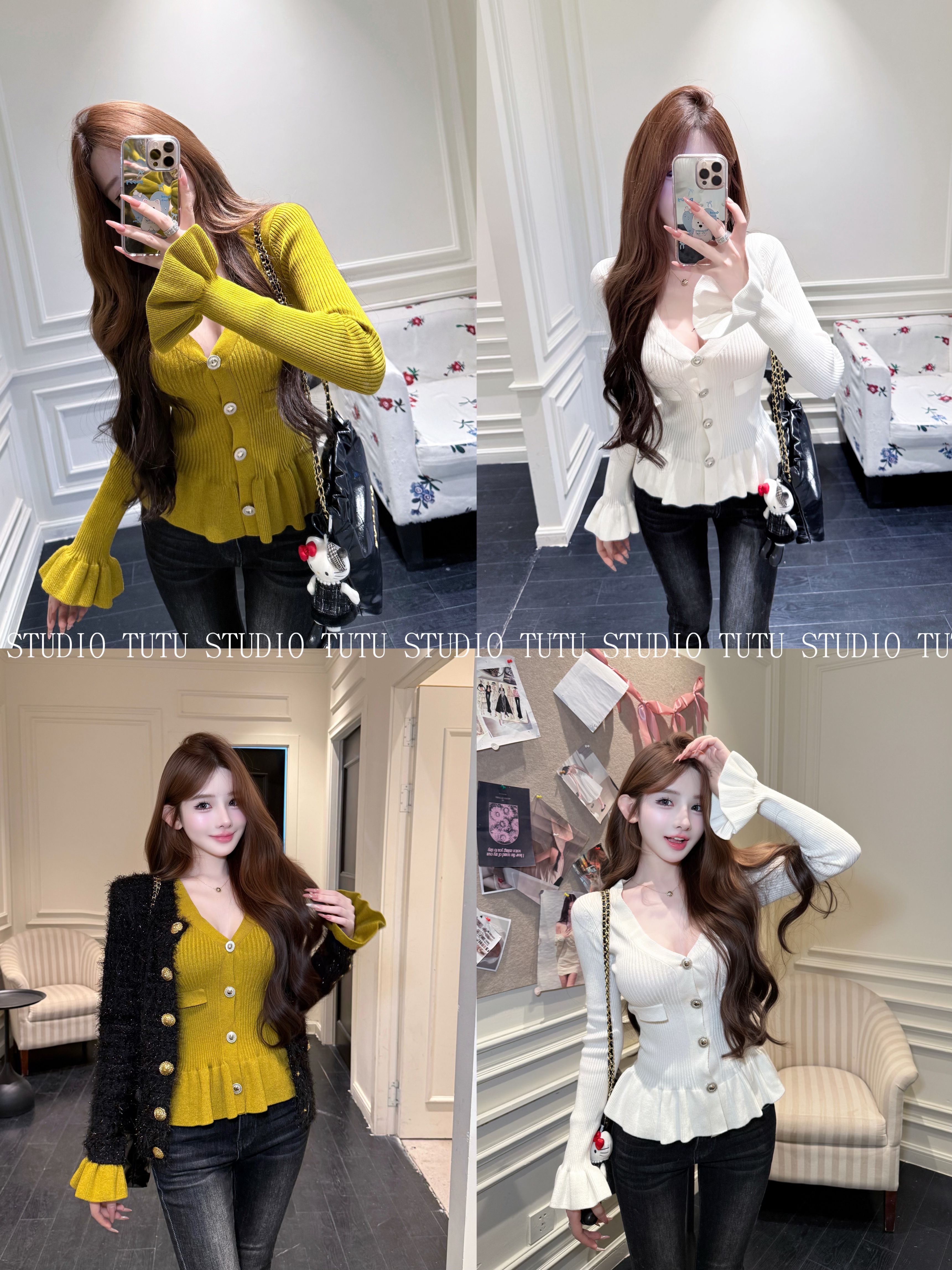 TUTU【sp古早 baby】秋冬时尚百搭修身针织荷叶边泡泡袖上衣#CT1591