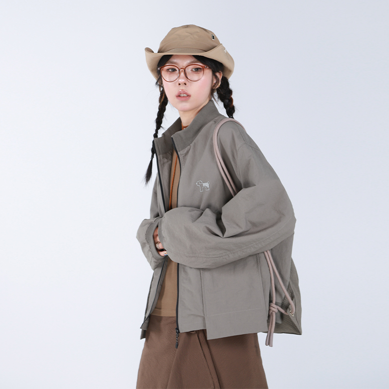 嬉游记原创2024秋新款美式复古高领开衫外套女轻户外工装夹克上衣