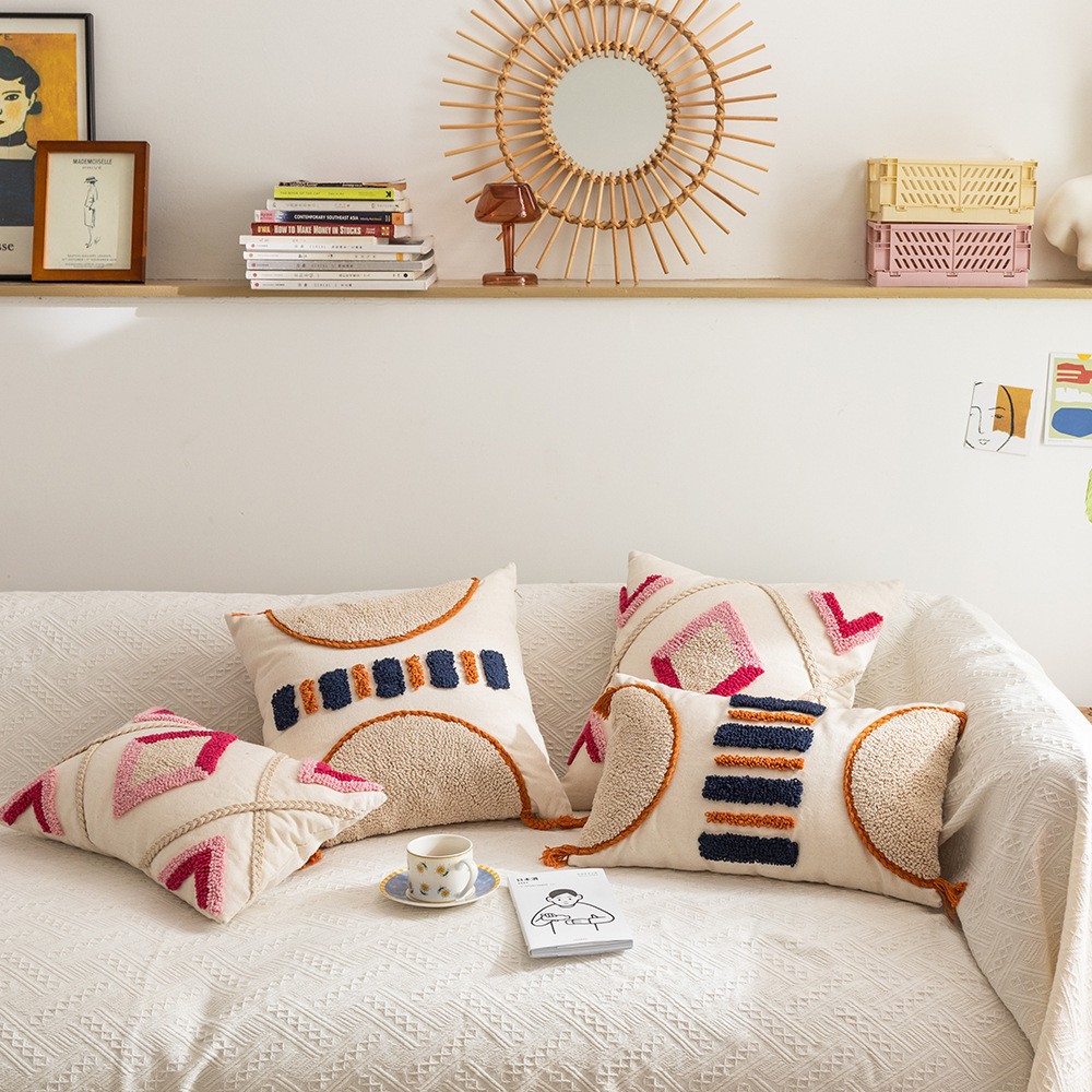 轻奢ins摩洛哥风情彩色条纹簇绒刺绣抱枕 美式流苏沙发靠垫套