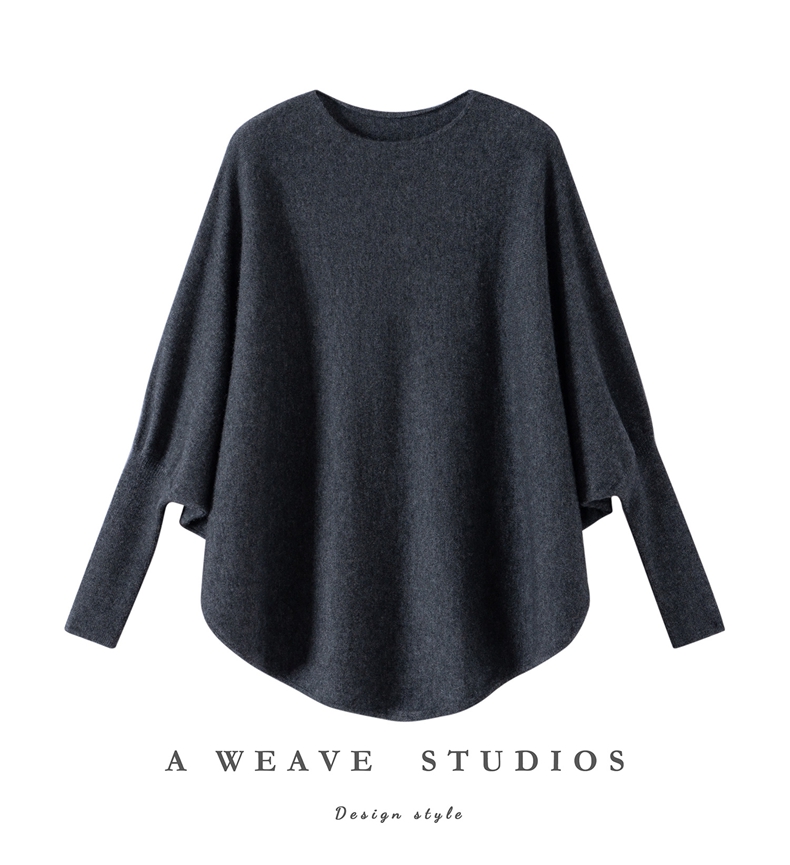 慵懒风蝙蝠袖100山羊绒衫女毛衣宽松 中长款一字领打底衫