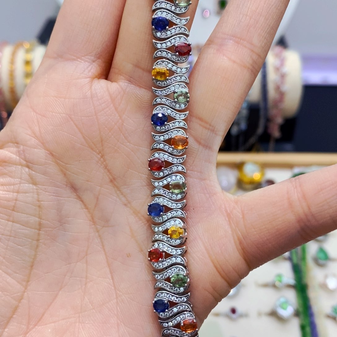 彩色蓝宝石手链银S925镶嵌