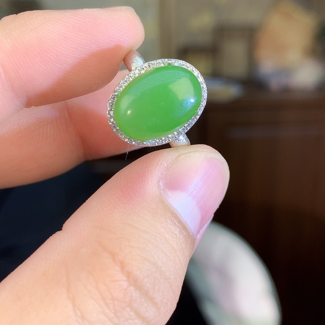 吊坠(不含链)银S925镶嵌和田玉（碧玉）戒指