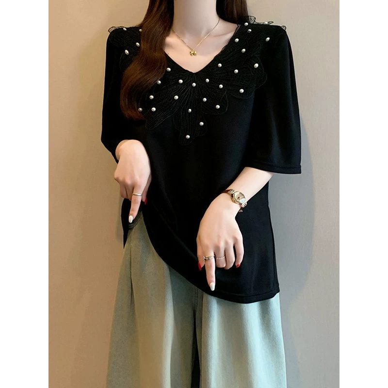 0926 GZ法式钉珠V领短袖T恤女2025夏季遮肚藏肉小衫洋气上衣