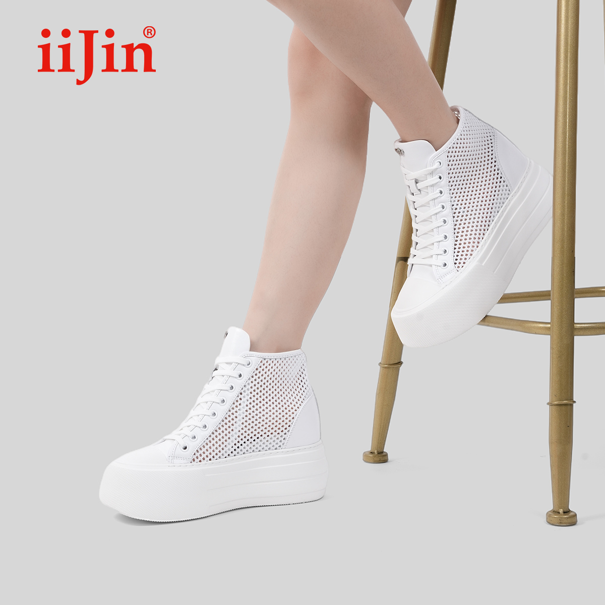 iiJin艾今24新品8cm厚底内增高超轻镂空透气高帮小白鞋女YF607VWB