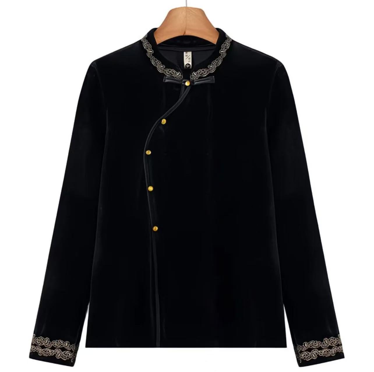 【流金】常规款女装国风秋季外套时尚女装新款斜襟中国风外套黑088