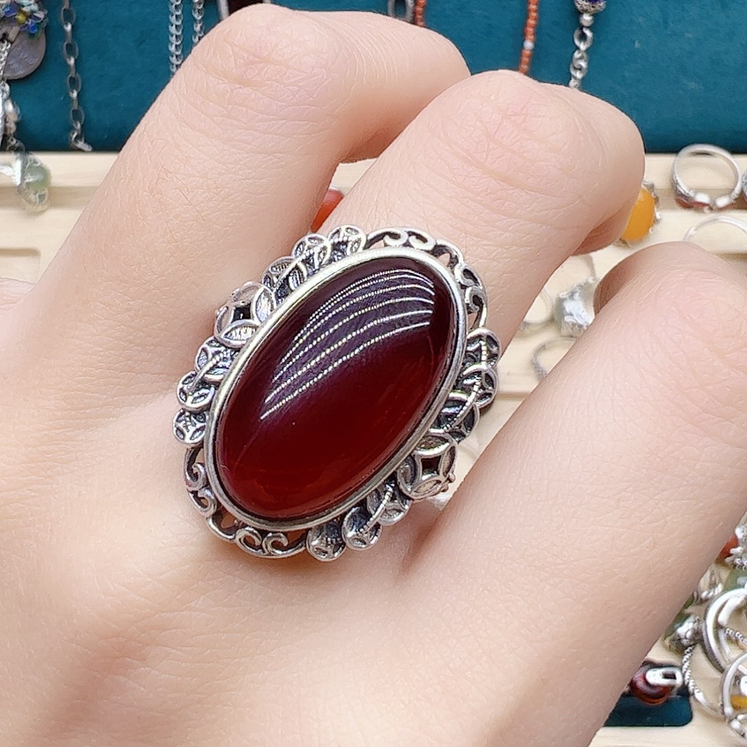血珀戒指银S925镶嵌天然