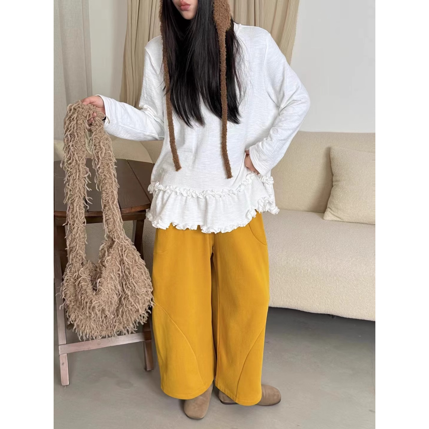 韩系甜美下摆木耳花边长袖恤女春季2025新款中长款宽松打底上衣潮