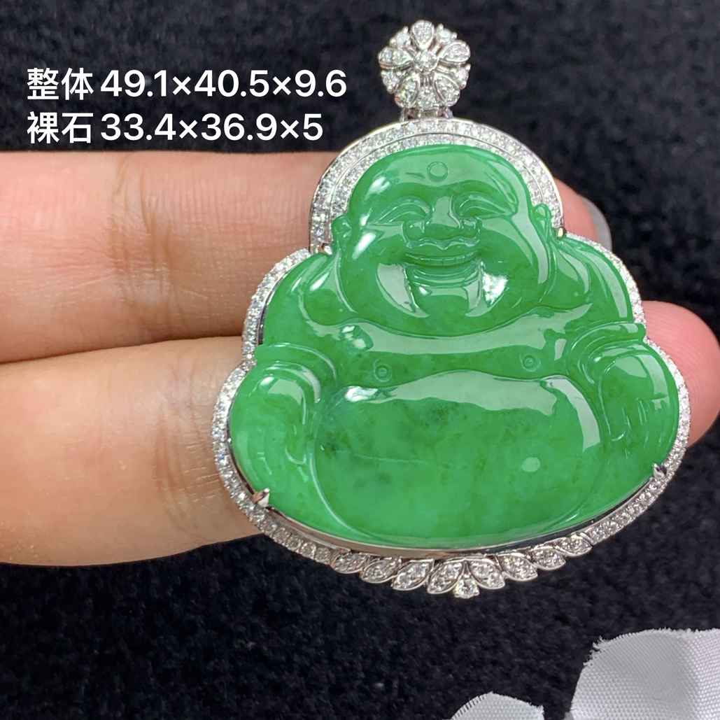 18k金镶嵌天然缅甸A货翡翠阳绿佛公吊49.1×40.5×9.6/33.4×36.9×5