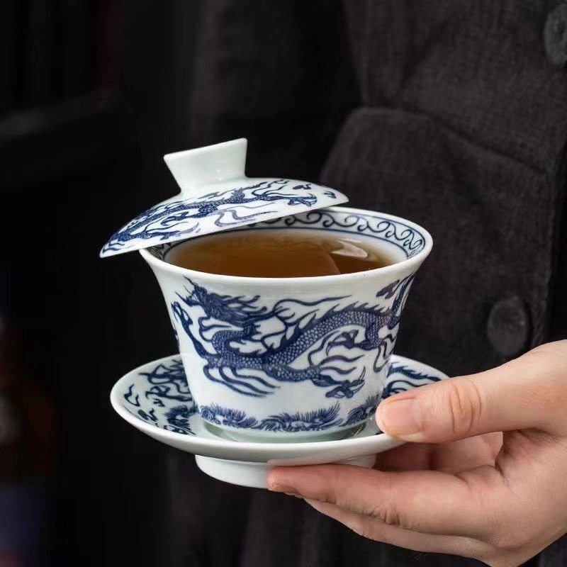 陶瓷青花龙纹悬停泡茶盖碗茶具复古高档茶具旋转茶杯茶碗三才盖碗