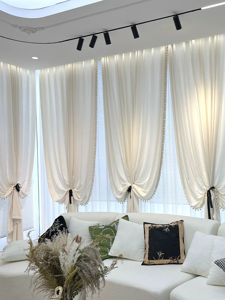 复古风中古风奶油风高级感麻纱亚麻纱客厅阳台落地窗米色双层窗纱