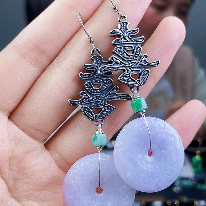 翡翠耳饰银S925镶嵌饰品