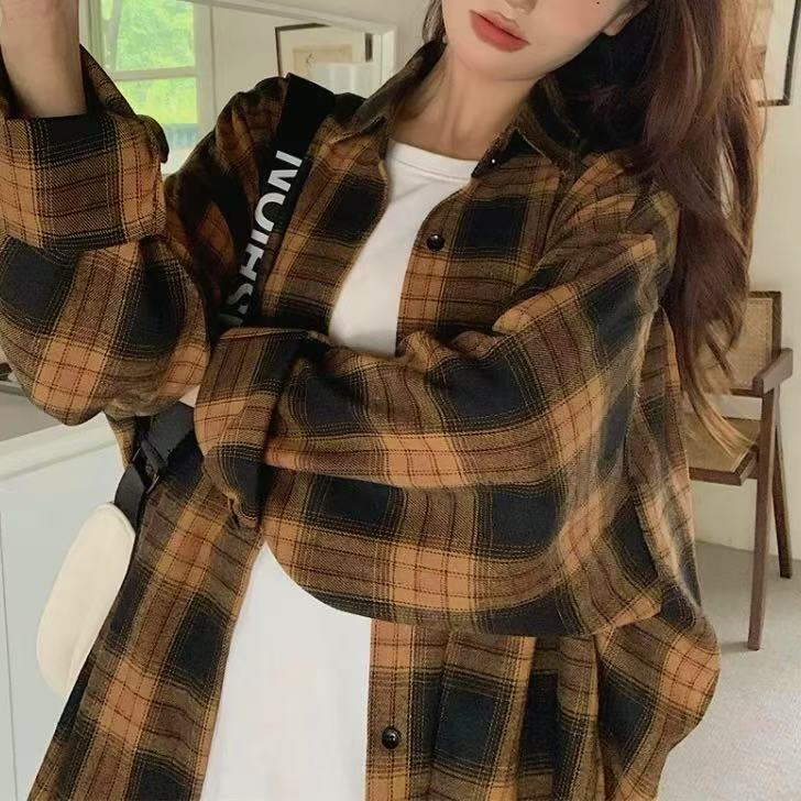 [胖鹅张]小个子复古磨毛格子长袖衬衫0208[实物以直播间展示为准]