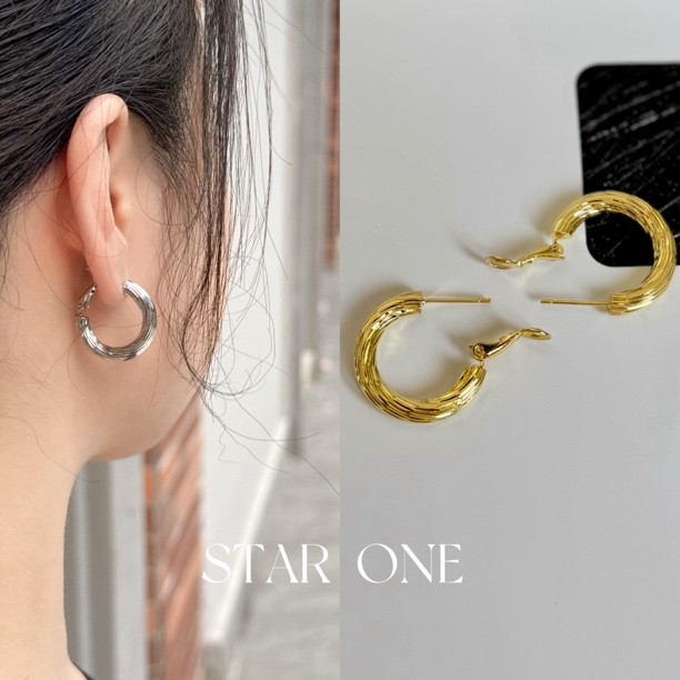 铜合金耳饰 小众S925银针气质爆闪纽纹冷风素圈金属耳环2.5公分