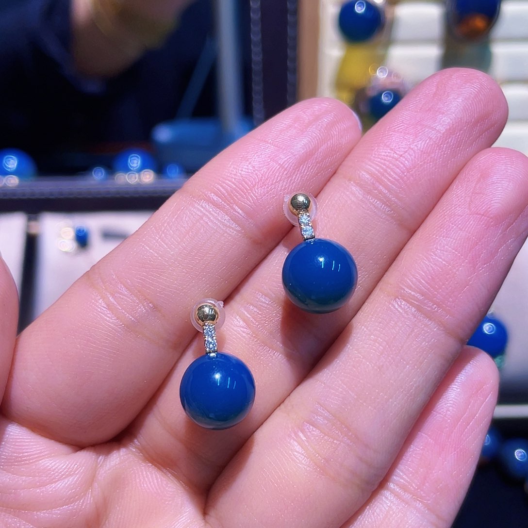 琥珀耳饰18K金镶嵌多米圆珠