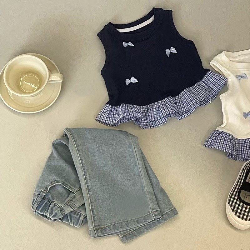 R25115女童韩版蝴蝶结格子背心短裙春季新款宽松阔腿牛仔裤套装